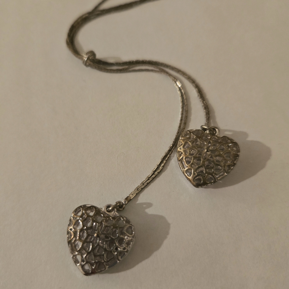 Double Silver Heart Pendant Slider Necklace Double Chain Adjustable Clasp 16 In.